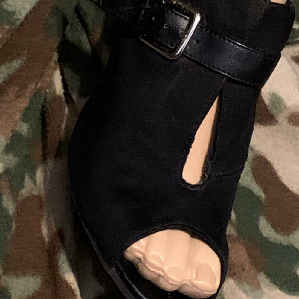 Black buckle wedge slip on
